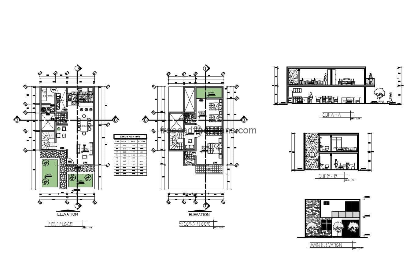 Floor plan of a two level residence with two bedrooms in private area on the second level and terraces, on the first level, social area with living room, kitchen, dining room, bedroom and service area. 2D DWG plans for free download.