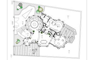 Architectural and dimensioned plans in DWG format of a three-level residence with organic and curved shapes and four bedrooms in total. The residence has a living room, dining room kitchen on the first level, terrace areas on the first and third levels, and a large patio area with jacuzzy. Free downloadable plan in DWG AutoCAD format.