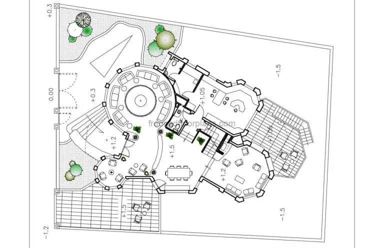 Three-story House With Circular Shape Autocad Plan, 1602201