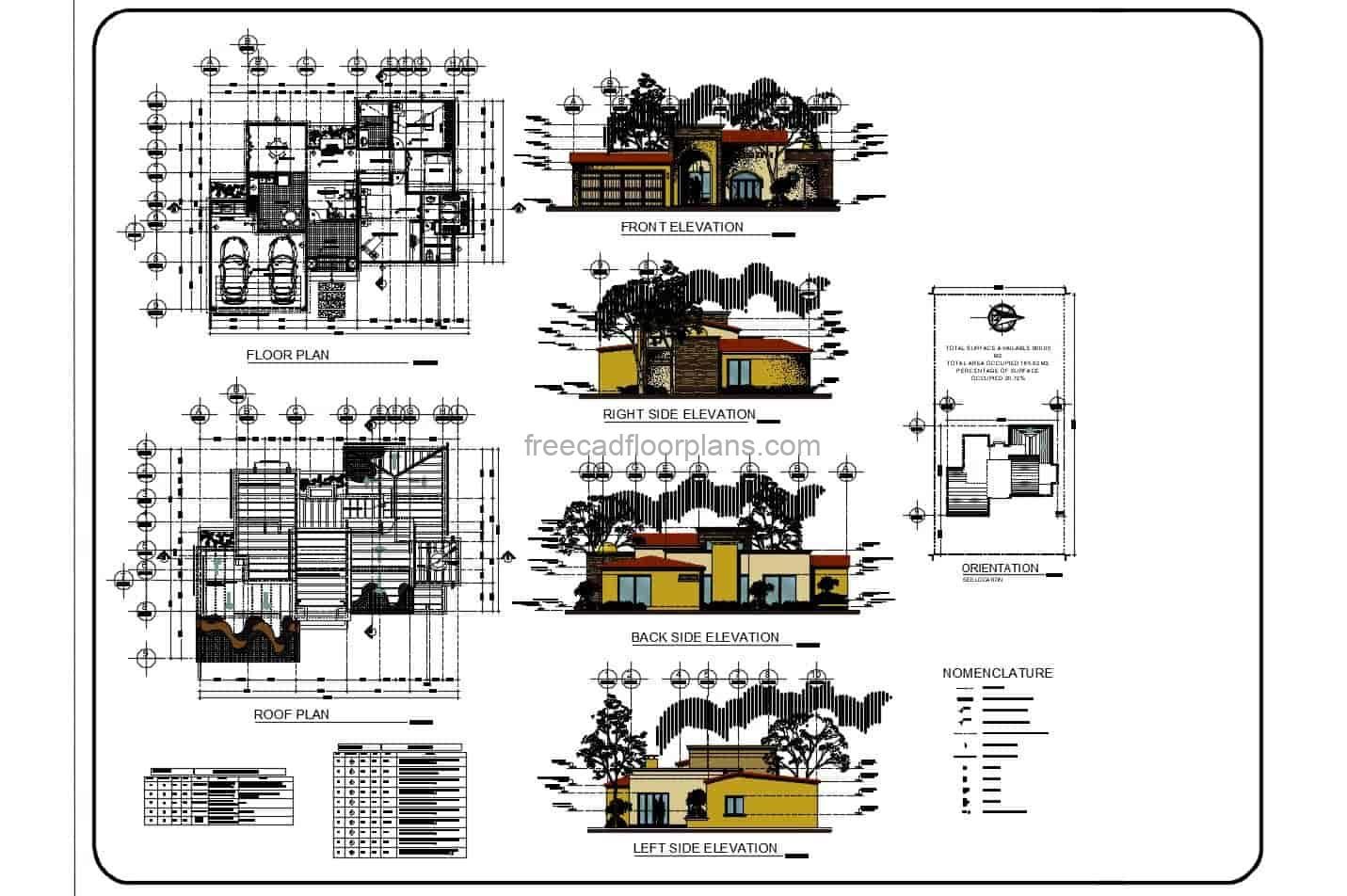 Architectural and dimensioned plans in DWG AutoCAD format of a complete single level residence with two bedrooms in distributed spaces. Living room, kitchen, dining room, parking for two vehicles and bedrooms with independent bathrooms, the project has dimensioned floor plan, architectural, elevations, sections, details of materials. free downloadable plans in DWG AutoCAD format.