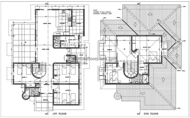 Architectural design drawn in DWG of Autocad, of a country residence of two levels with six rooms in total, living room, kitchen, dining room and four bedrooms on the first level, with three bathrooms distributed. Second level, two bedrooms, with living room and terrace. Plans for free download, Autocad DWG format, dimensioned and architectural plans.