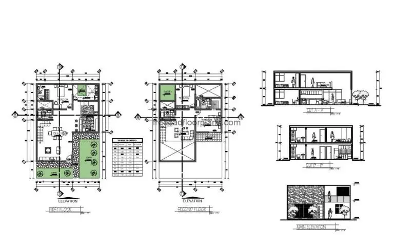 DWG floor plan of a simple two level residence with three bedrooms, two bedrooms on the second level with independent bathrooms, family room and terrace, on the first level there is another bedroom, living room, kitchen on the side, two bathrooms, laundry area and front garden. Architectural plans with dimensions for free download in DWG Autocad format.