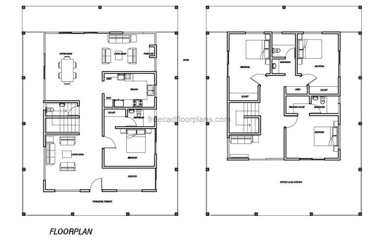 Architectural plan with defined spaces in DWG of a two-story residence with double living room and fireplace in the back room. Four bedrooms in total, master bedroom on second level, all bedrooms have access to terrace, living room, kitchen and dining room on first level. Architectural layout in 2D floor plan in DWG format for free download.
