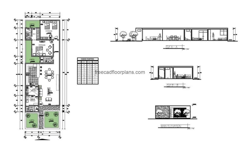 Architectural plans of a simple one level residence with two bedrooms and maid's room with service area, living room, kitchen, dining room, and two bathrooms with front gardens. CAD DWG plans for free download.
