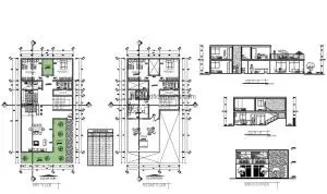 Architectural and dimensioned DWG plans of a two level rectangular residence with five bedrooms in total, two bedrooms on the first level and three bedrooms on the second level with a large front terrace. three bathrooms in total and laundry area on the first level. 2D plans in DWG format for free download.