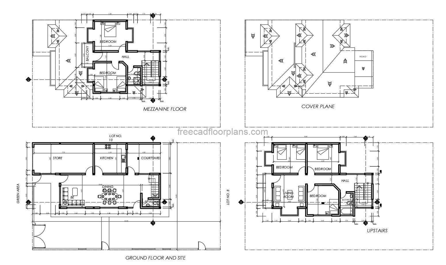 architectural and dimensioned plans of a three level residence with five bedrooms in total, autocad block plans in interior, facades, sections, architectural floor plan, dimensioned, construction details. free downloadable plans in autocad dwg format.