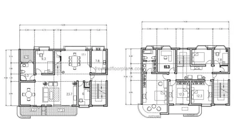 Architectural plans of Duplex House with front balcony with independent staircase, front and side balcony including a back balcony in one of the bathrooms, four bedrooms in one of the houses and two bedrooms in the other house. Plans for free download in 2d dwg autocad format, with dimensions and interior blocks.