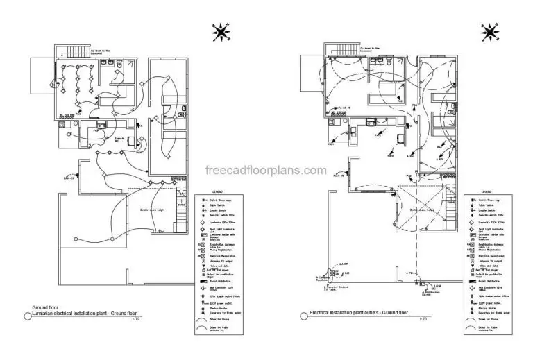 Complete electrical plan of a two level residence with all the details, electrical installations of light fixtures, outlets, calculations and electrical diagrams and panels for each level, plan in DWG AutoCAD format.
