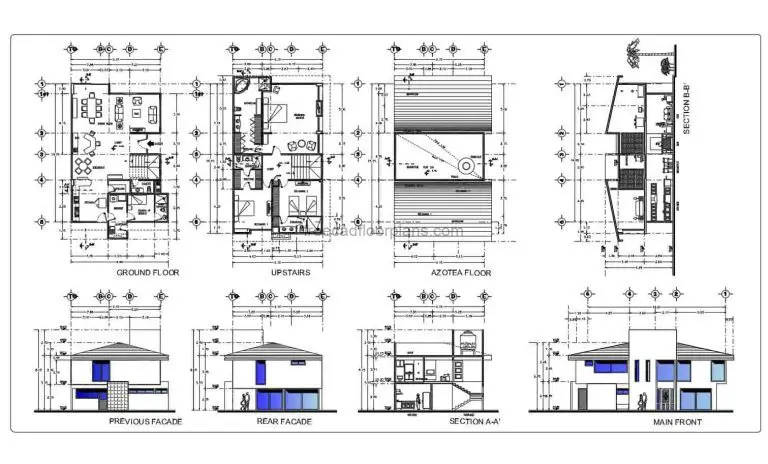 DWG floor plan of a two-level residence with four bedrooms, three bedrooms on the second level, including master bedroom, each with separate bathroom. First level interior layout with Autocad DWG blocks, living room, kitchen, dining room, one maid's room and laundry area, floor plan with dimensions and furnished floor plan, facades, cutouts and roof plan. Free AutoCAD DWG floor plan for download.