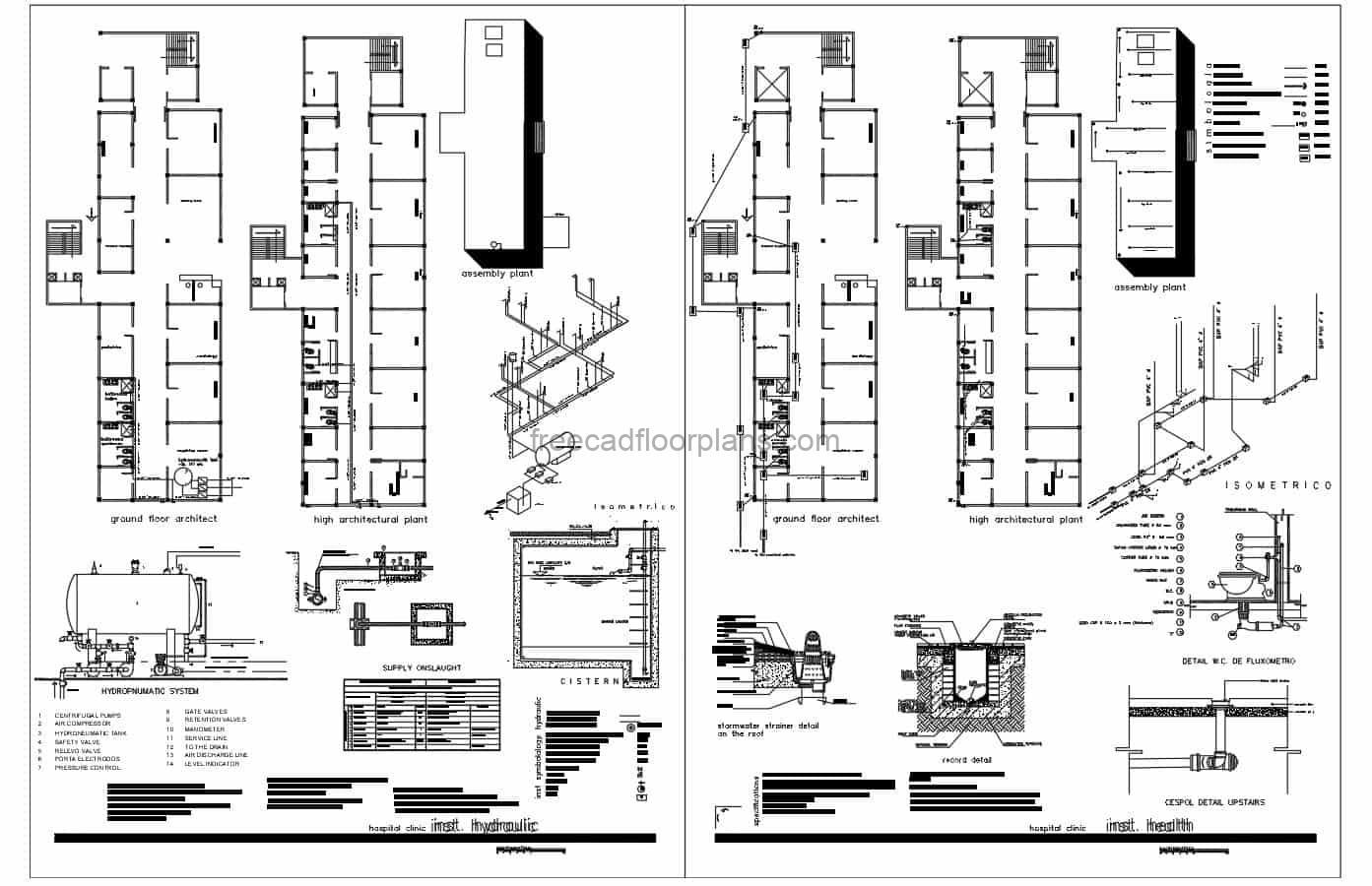 Complete architectural design of a two level health center with surgery, cardiology, pediatrics and other health center spaces. The complete project includes sanitary isometrics, foundation details, water supply plans, electrical and structural plans, technical details, emergency exits plan in the clinic. Free AutoCAD drawings for download in DWG format.