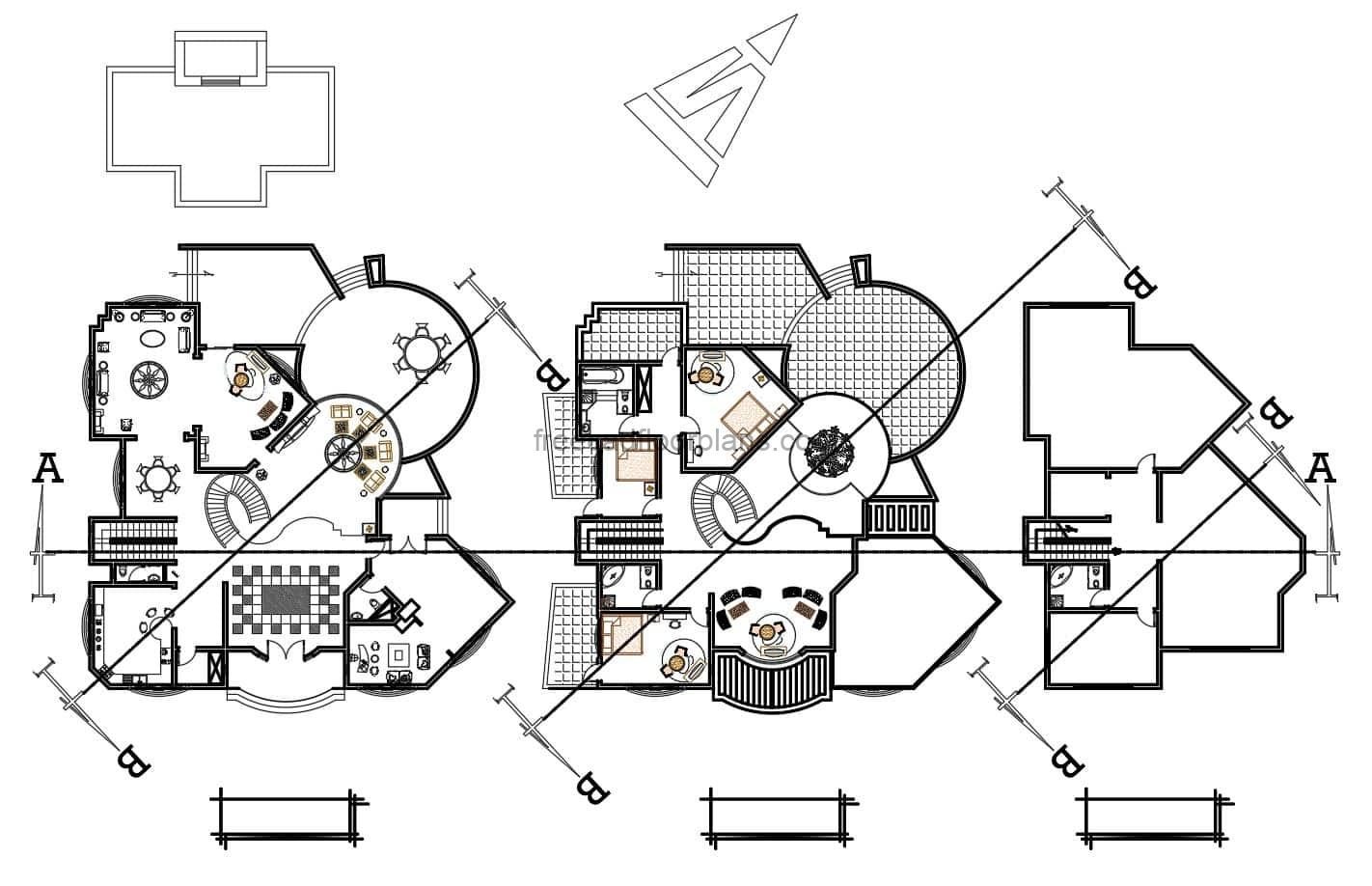 AutoCAD DWG plans of a modern style two level residence with pool area, interesting volumetrics mixing curved and rectangular shapes, interior space furnished with AutoCAD blocks. Basic architectural layout with three bedrooms on the second level and large terrace, first level living room, kitchen, dining room, family room, terraces, patio with pool and jacuzzy. plans for free download in DWG format