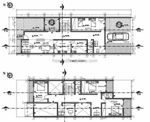 2d floor plan of a two level rectangular elongated residence with four bedrooms in total, three bedrooms on the second level, and a double bedroom on the first level. The residence is integrated to several green areas on the first level. Simple and efficient layout for narrow spaces. Plans with dimensions and autocad blocks for free download in dwg format.