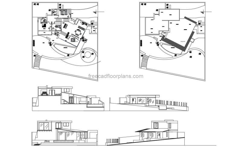Architectural and dimensioned plans of a modern residence on a sloping lot with three bedrooms, including double bedroom, swimming pool, terrace, double garage and other basic social spaces. Plans with facades, dimensioned floor plans, architectural floor plans for free download in DWG format.