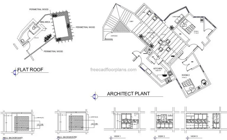 Architectural and dimensioned plans of simple two bedroom country house with bbq area on the roof, interior kitchen and living room block details, dimensioned floor plan and elevations in AutoCAD DWG format.