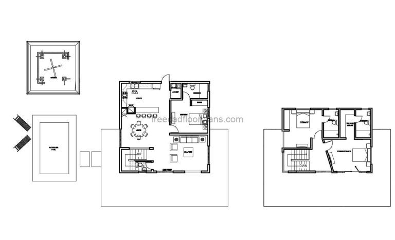 autocad dwg plans of a two level three bedroom country villa with perimeter terrace, swimming pool and outdoor gazebo area. free downloadable autocad dwg floor plan with furniture in dwg block format.