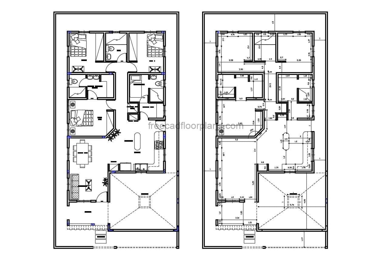 architectural and dimensioned plans for a one level residence with three bedrooms, with additional maid's room, laundry area, living room, kitchen and dining room on the first level. Free downloadable autocad drawings with dimensions and blocks in autocad dwg format.