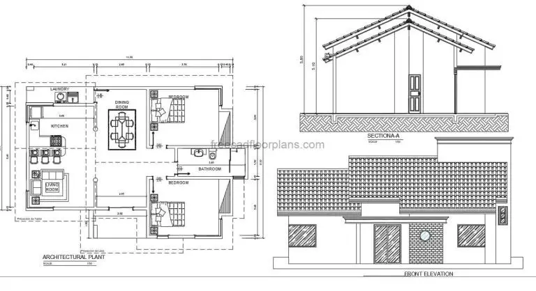 architectural plans with dimensions and furniture in Autocad blocks of a simple two-bedroom residence with a sloping tile roof. free downloadable AutoCAD DWG floor plan with dimensions and construction details.