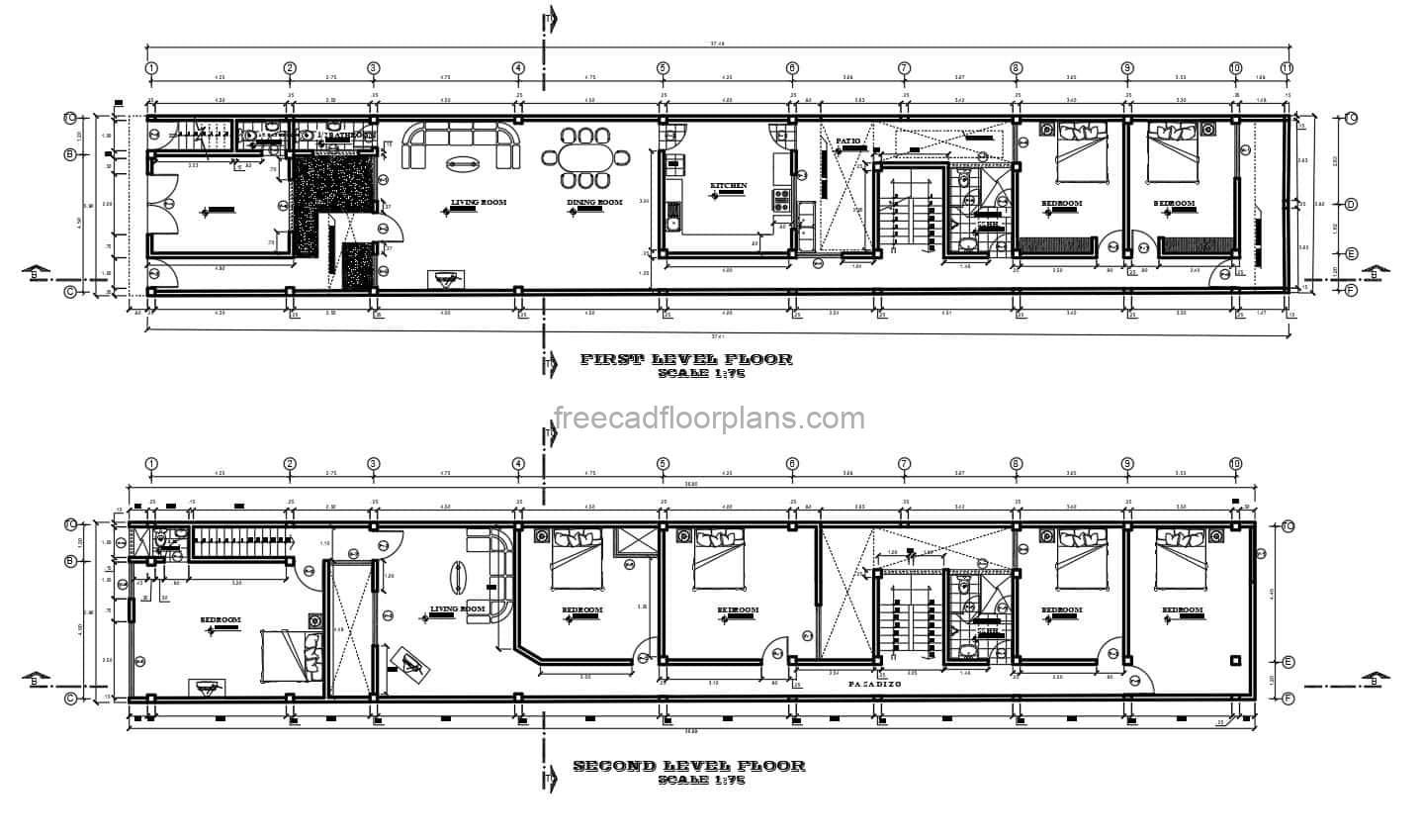 complete architectural project in autocad dwg drawings of a two level residence with seven rooms in total, architectural plans, dimensioned, elevations, sections and technical drawings with foundations, sanitary, electrical, structural. Project in dwg drawings for free download
