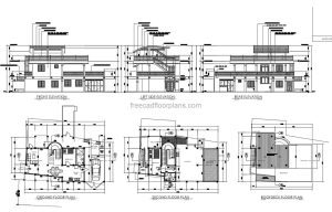 Autocad dwg format plans of Modern Two Level House With Details of Materials in facades, mirror of water in architectural plant of first level, complete blueprint with defined plans for free download.