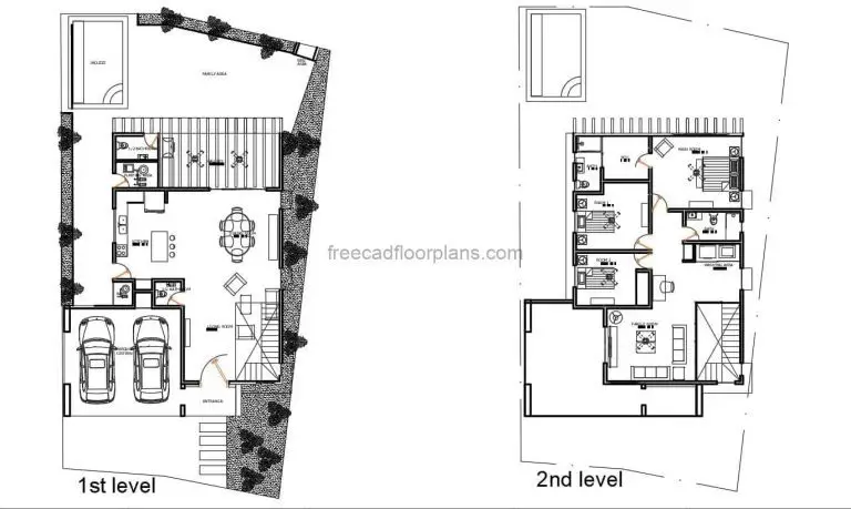 Two level residence with back veranda two level house plans with three bedrooms on the second level, back veranda with patio area, jacuzzy and bbq. free downloadable plans in autocad dwg format.