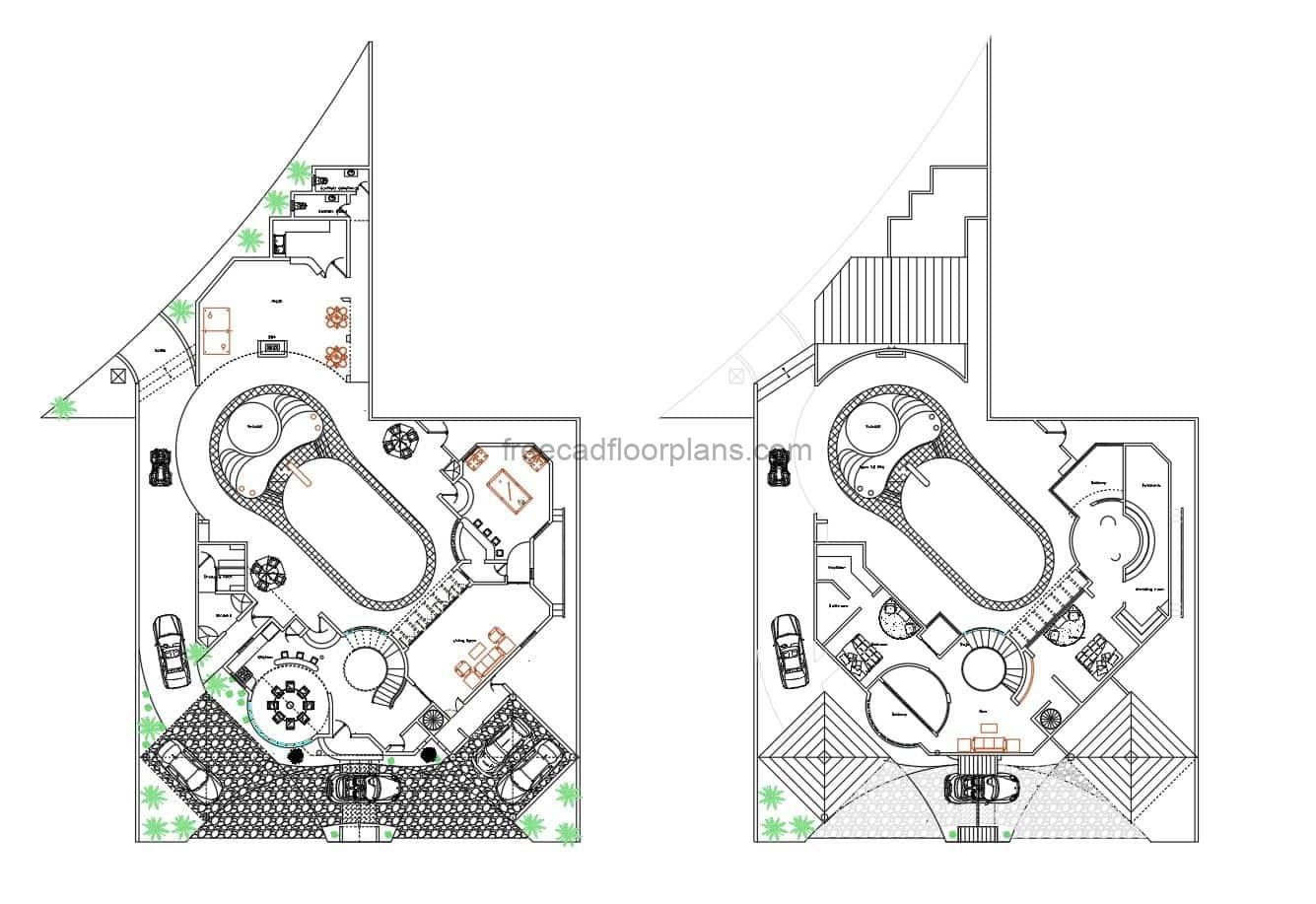 Two level villa plans with two large bedrooms and large patio area with pool, jacuzzi, playground and recreation areas. Circular staircase in the center and social area on the first level with living rooms, kitchen and dining room. Plans for free download in AutoCAD dwg format.