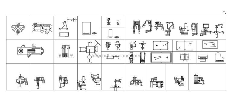 Gym Equipment and Board Games elevation and floor plan views in AutoCAD DWG block format for free download.