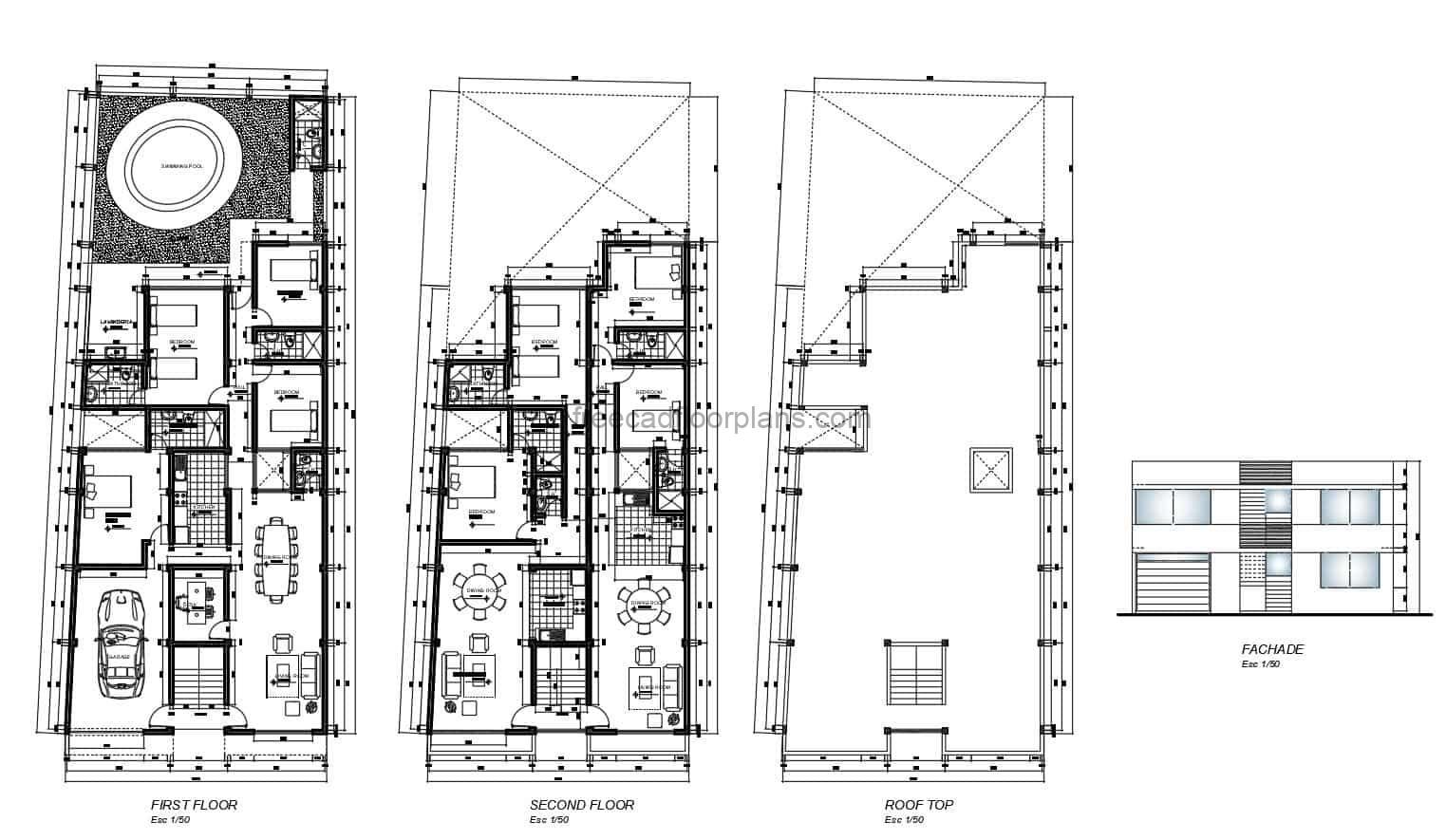 Floor plans with dimensions and details of two-story multi-family house and several 2 and 4 bedroom houses with large yard and pool, floor plan with facade and interior autocad blocks for free download.