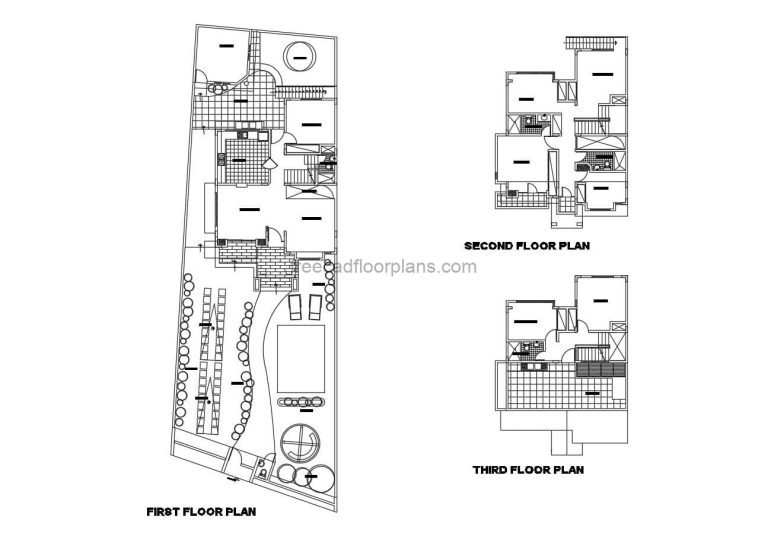 3 Level Residence With Service Room in AutoCAD DWG dimensions, residence with front and back gardens, storage, social areas on first level and service room on third level including patio and laundry area. Free AutoCAD DWG format plans for download.