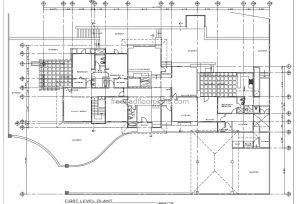 Large Country House With Five Bedrooms and Fireplace, complete project plan in AutoCAD DWG format, dimensioned floor plan, architectural with interior blocks, facades and sections. Two level country villa with exterior gardens, large patio, bbq area and social areas on first level. AutoCad DWG floor plan for free download