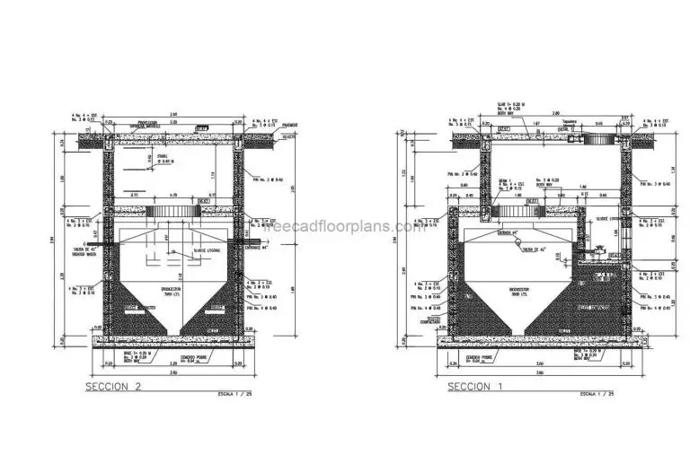 Detail De Biodigestor in AutoCAD DWG format for free download, details with dimensions and material and steel specifications, plan and elevation details.
