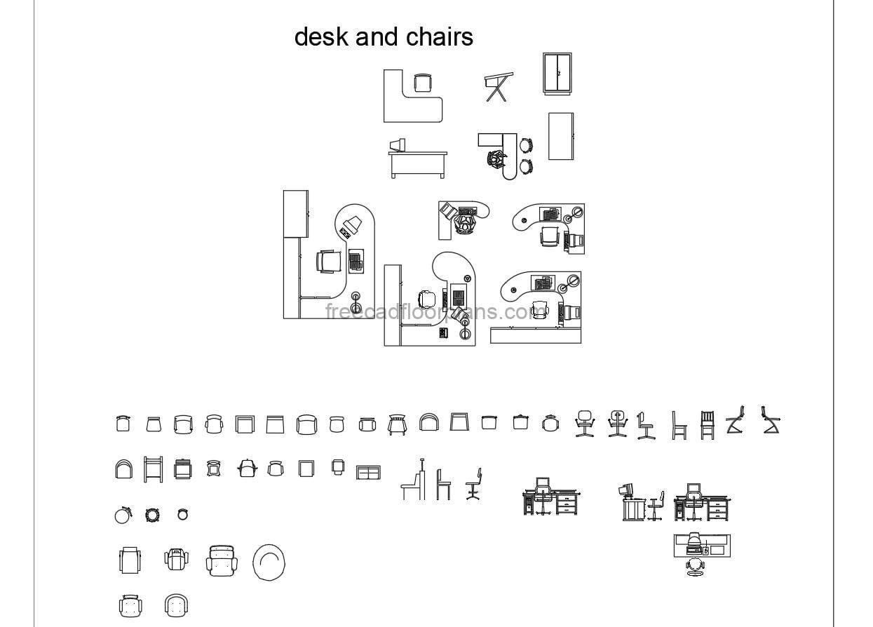 AutoCAD blocks of office desks and chairs, L-shaped desks, semi-circular desks, corner desks, plan drawings and some elevation drawings, the block also contains different models of office chairs and sofas, AutoCAD DWG files for free download.