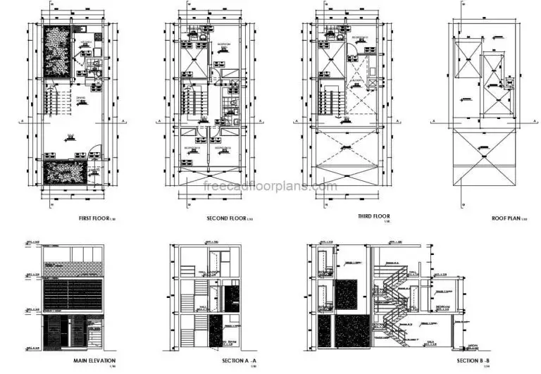 Architectural plans with measurements of a three level residence with four bedrooms and interior autocad blocks for free download in Autocad dwg format, laundry area on terrace and social area.