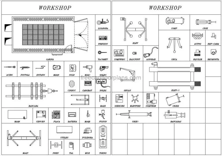 autocad blocks of Workshop Tools and Machines for free download