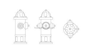 fire hydrant 2d plan view and front and side elevation drawing for free download in DWG format for AutoCAD