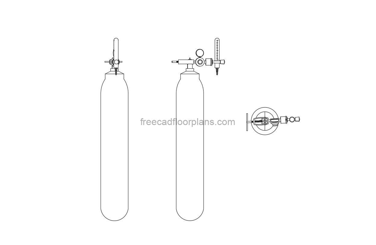 AutoCAD DWG drawing of oxygen cylinder, plan, side and elevation views for free download.