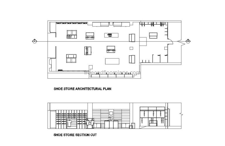 Shoe and Clothing Store floor plan in DWG format in plan and elevation with furniture and interior views for free download.