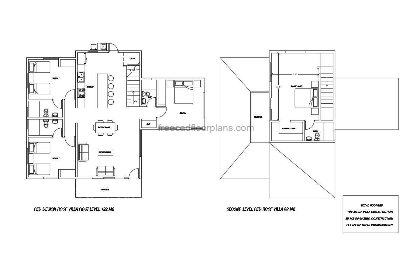 Free downloadable floor plan of a two-story villa with four bedrooms and a continuous floor plan.
