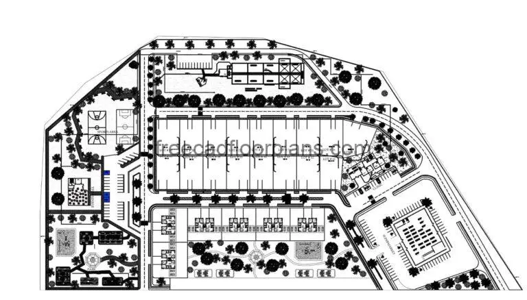 Complete housing project in autocad dwg plan, all social areas, playgrounds, water treatment plant, apartments, parking, sports areas, green areas.