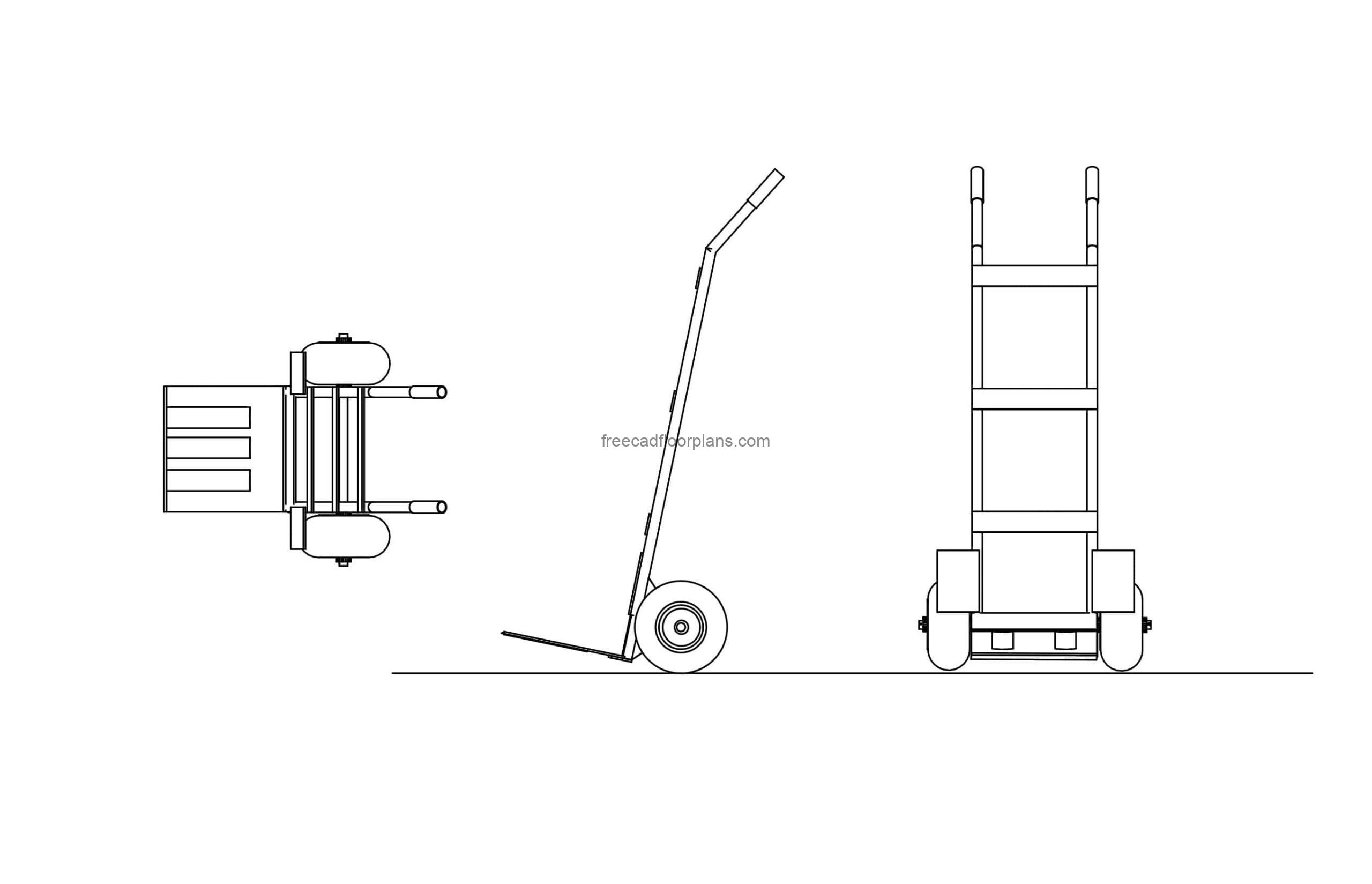 luggage trolley cart drawing front and lateral views in dwg CAD format for free download