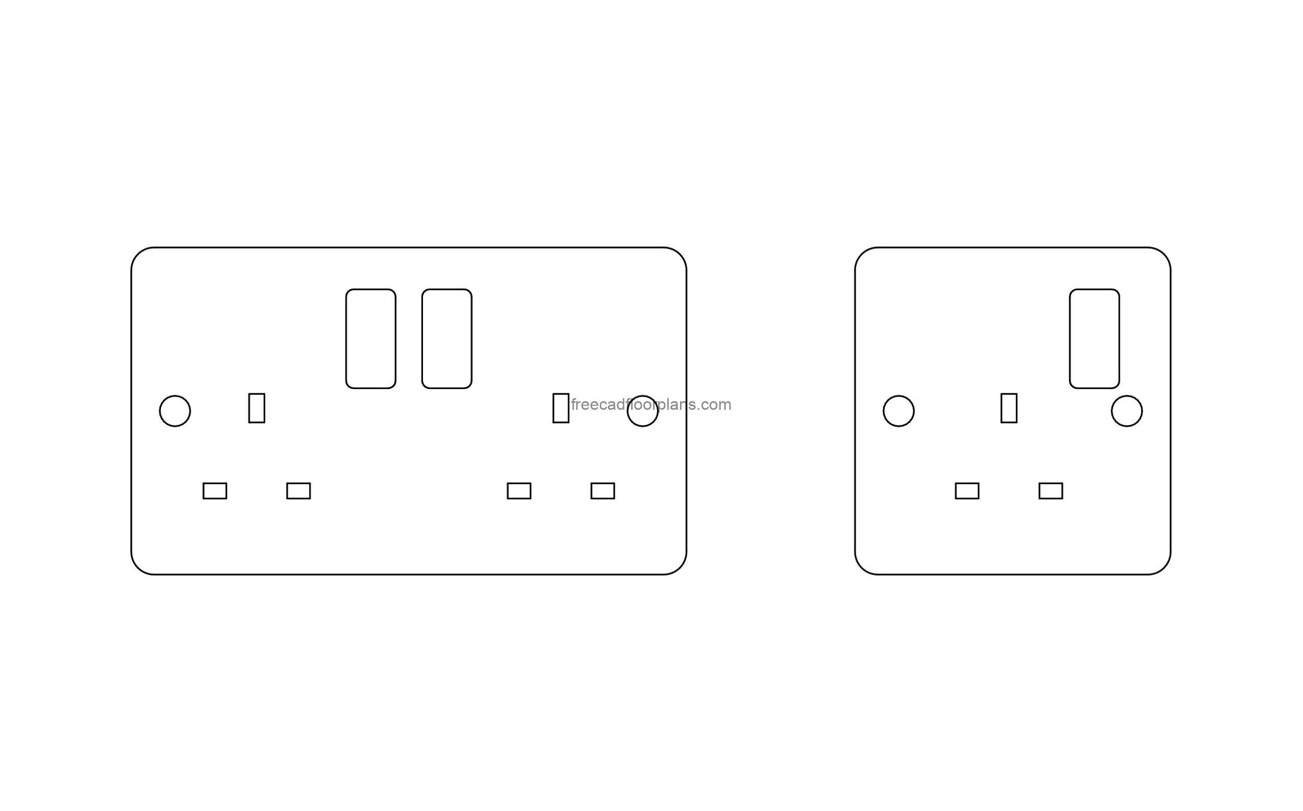 UK plug socket drawing front face in DWG CAD format for free download