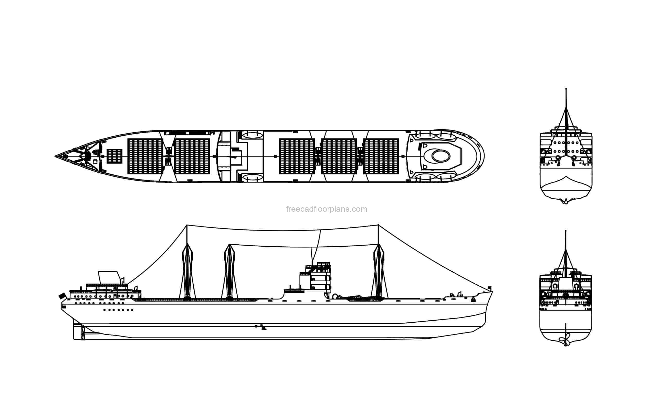 cargo ship model in dwg drawing CAD file for free download all 2d views