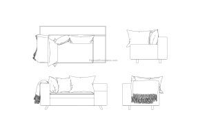 autocad dwg drawing of daybed with all 2D views, free dwg drawing