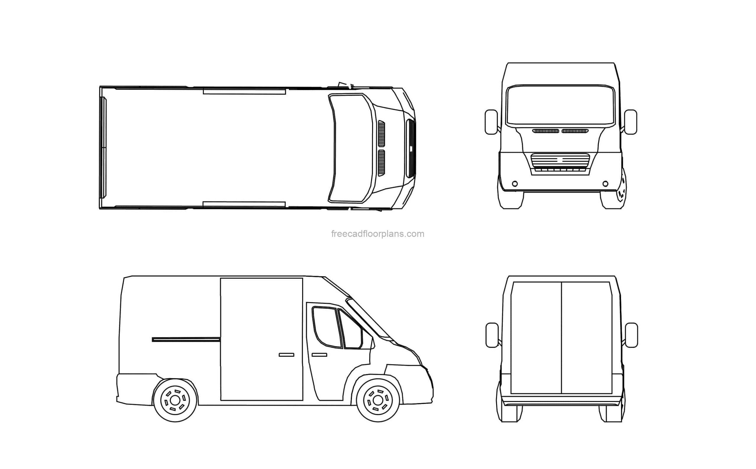 delivery van vehicle dwg drawing for free download all 2D views