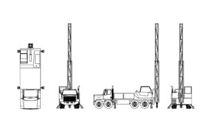 dwg cad drawing in dwg format of an drill rig truck in 2d views for free download file