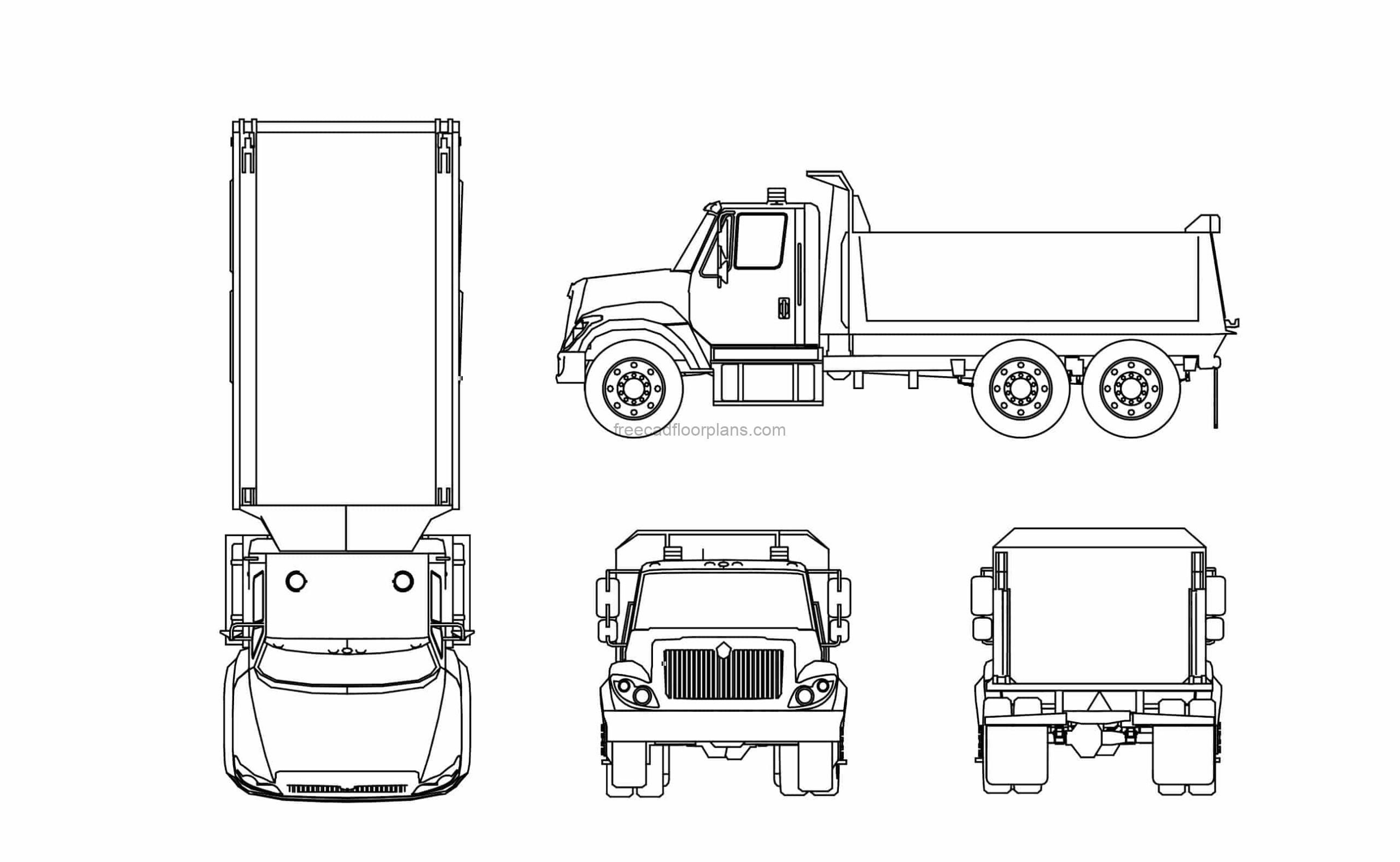 dwg drawing of dump truck all 2d views for free download