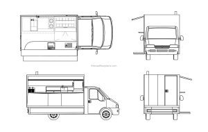 dwg drawing of food truck for free download layout and elevations
