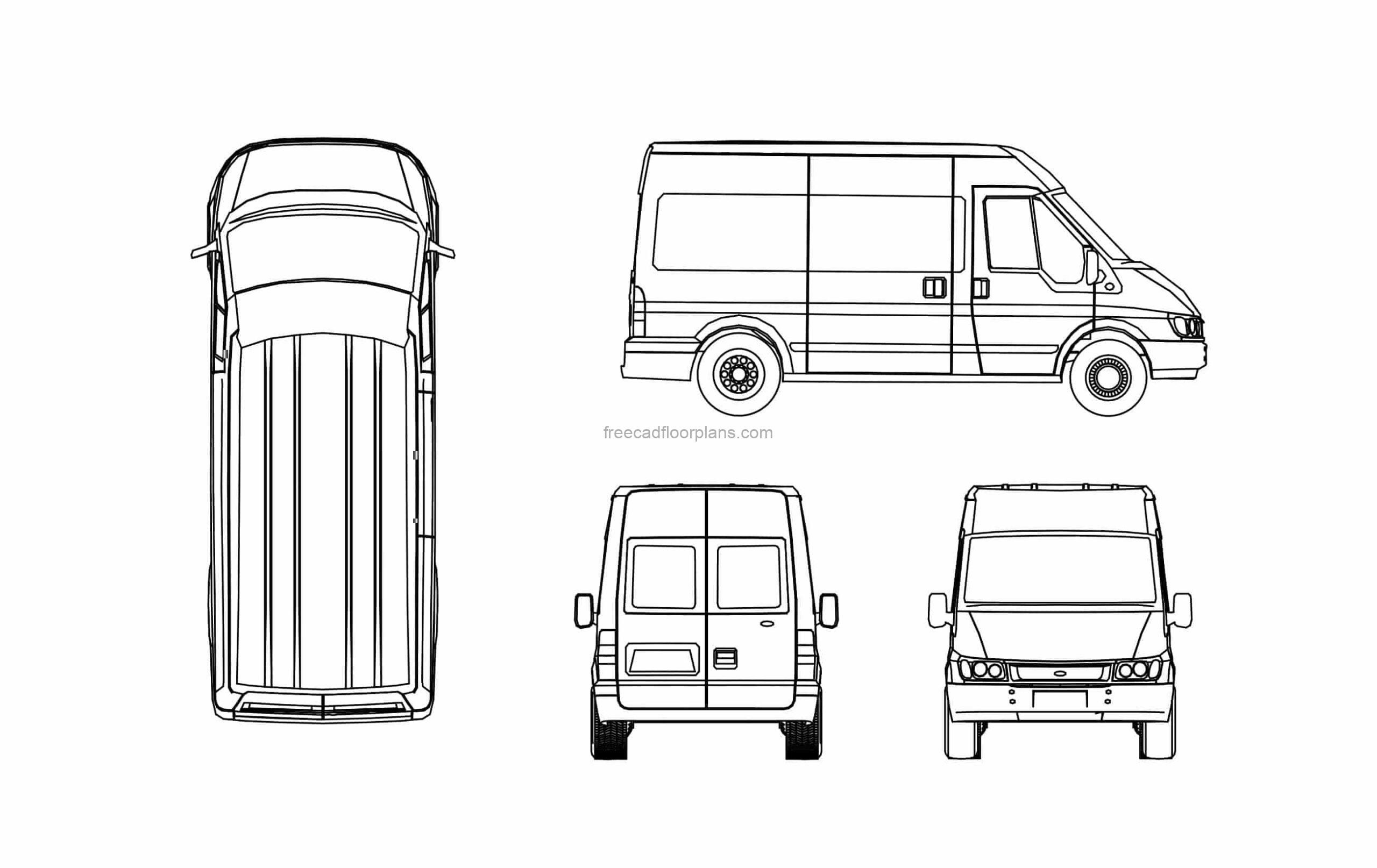 ford transit van dwg drawing for free download, all 2d views