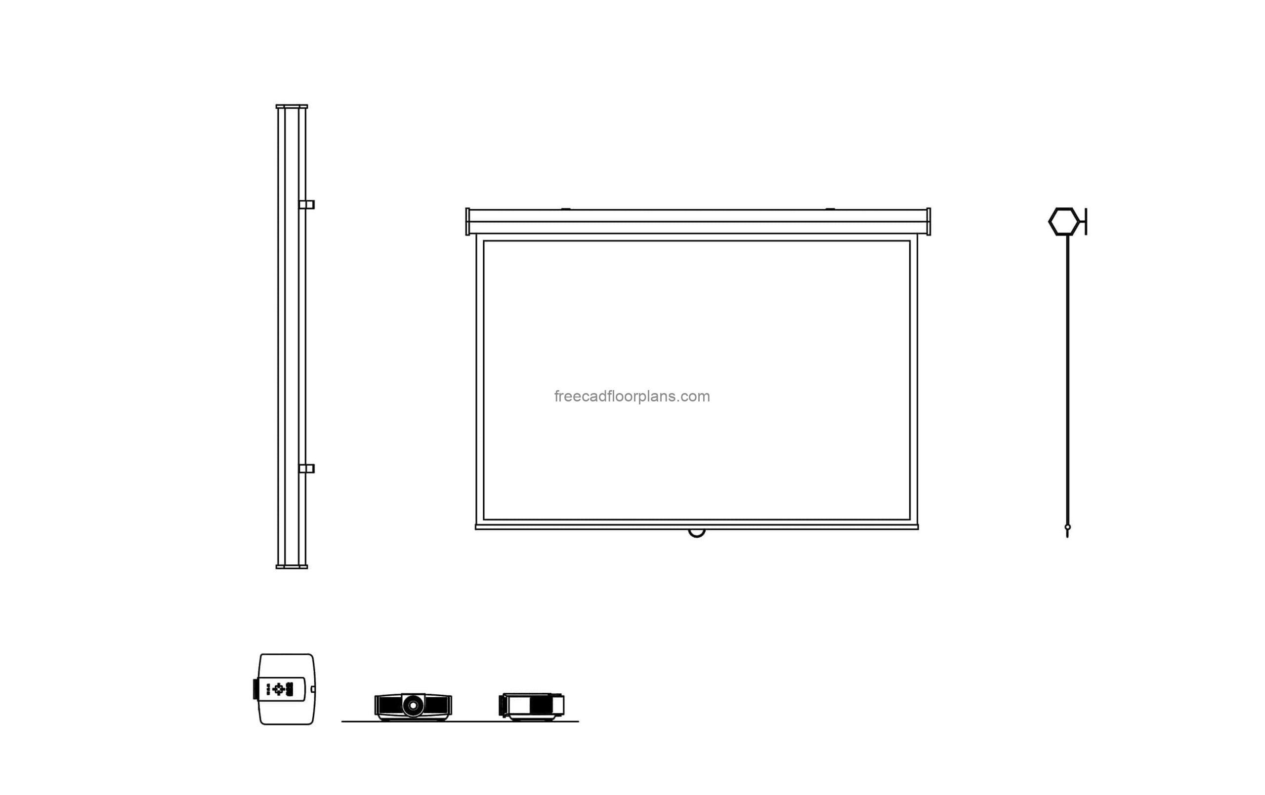 drawing of projector screen and projector equipment in dwg format cad block for free download