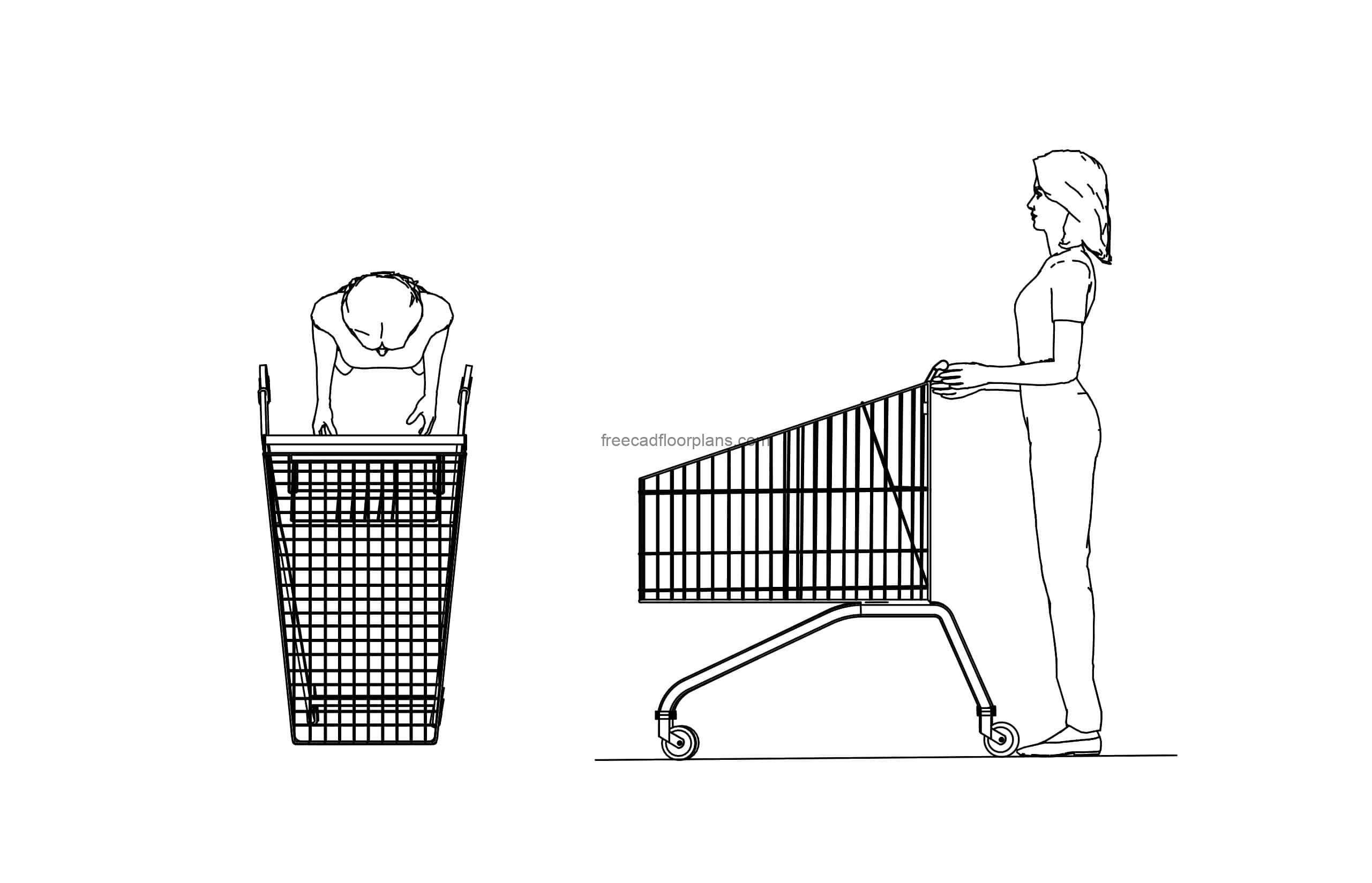 drawing in dwg cad model of an shopping trolley with human figure file for free download all 2d views