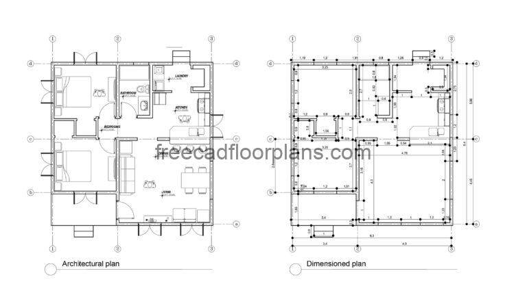 small one level two bedroom house, dwg CAD drawing, house with 750 square feet, kitchen, laundry area, living room and dining room with small front terrace.